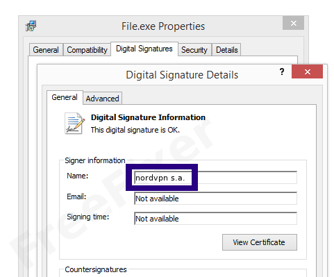 Screenshot of the nordvpn s.a. certificate